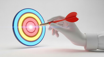 A hand holding a red dart hitting the bullseye of a colorful target on a white background studio shot