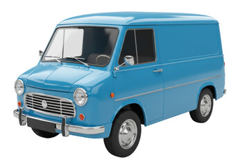 Light blue vintage delivery van isolated, classic commercial vehicle on transparent background for transportation and logistics