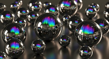 Abstract composition of spheres with reflective, iridescent surfaces