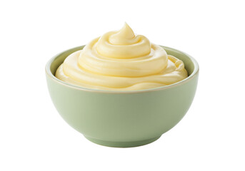 Creamy mayonnaise in a green bowl isolated on white, condiment for sandwiches and salads