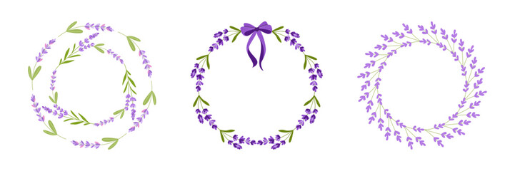 Elegant vector set of three lavender wreaths, including one with a bow. Delicate floral illustration in pastel purple tones, perfect for wedding, spa, natural cosmetic design, tag, print, poster.