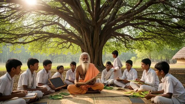 Guru teaching students outdoors under a large tree in a traditional setting video Generative AI