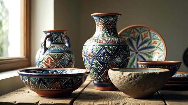 Traditional handmade ceramic pottery decorative vases bowls intricate patterns natural light still life home decor art culture display