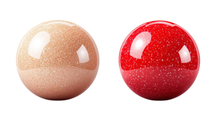 Brightly polished golden brown and red spheres showcasing unique speckled textures and glossy reflections