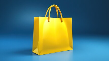 Bright yellow shopping bag on a blue background.