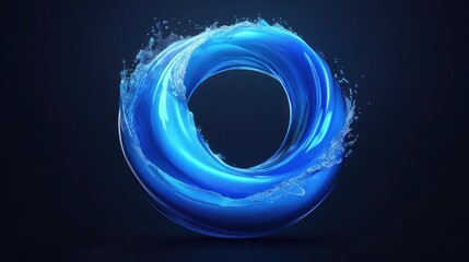 Abstract swirling blue liquid ring on dark background.