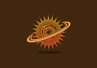 Stylized sun illustration with swirling center and orbiting ring, radiating light against a brown background.