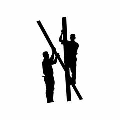 Silhouette of two construction workers installing steel beams on a high rise structure isolated on white background