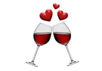 Two wine glasses with red wine and hearts isolated on transparent background, romantic celebration PNG for Valentine s Day and anniversaries
