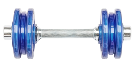 Single blue dumbbell with translucent weight plates and a chrome textured bar Fitness equipment isolate