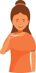 Smiling woman holding invisible braces, showcasing orthodontic treatment for teeth straightening and a confident smile