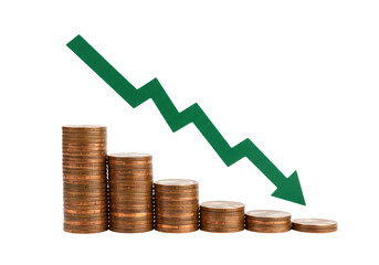 Decreasing stacks of coins with green arrow isolated, financial loss concept for business and investment analysis PNG