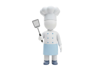 Chef character holding spatula isolated PNG, 3D rendering of a cook with hat and uniform for culinary concepts