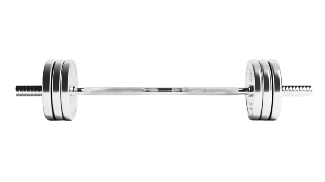 Gleaming chrome barbell with multiple shiny circular weight plates symmetrically attached on both ends isolate