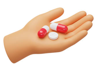 Hand holding red and white pills and tablet isolated PNG, medication for health and wellness on transparent background