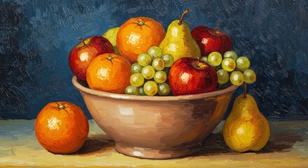 Colorful Fruit Bowl with Apples Pears Oranges and Grapes in Artistic Style