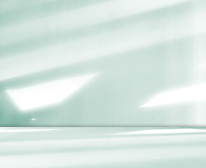 Green background light shadow leaves abstract nature on blur wall cement podium loft product, studio room floor organic minimal wallpaper backdrop summer tropical platform sale interior empty scene