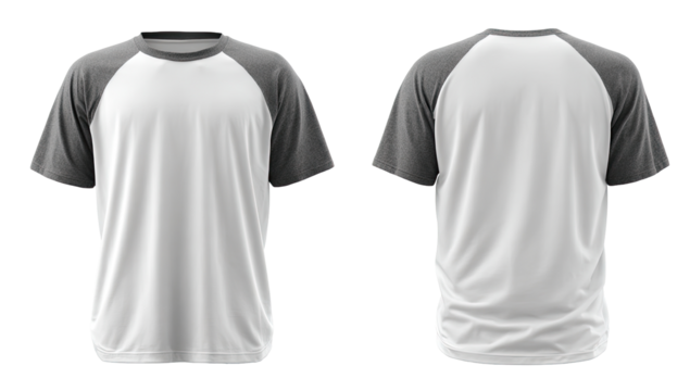 Front and back view of a white t-shirt with gray raglan sleeves