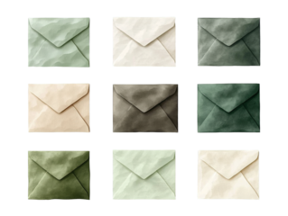Nine closed square envelopes in a textured watercolor style feature a palette of muted green beige and grey colors