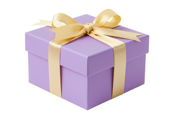 Obraz premium Lilac gift box with golden ribbon isolated on white, present for birthday or special occasion in square shape and elegant design