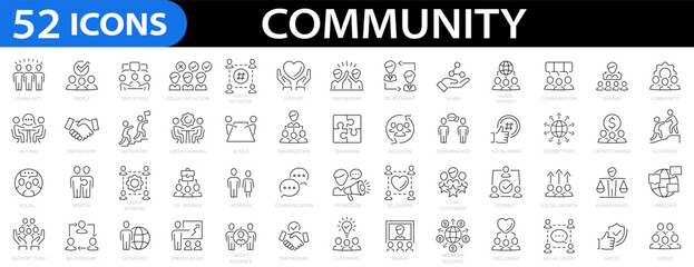Community 52 icon set. Relationships, friendship, relationship, love, networking, social, diversity, people, family, trust and more. Vector illustration