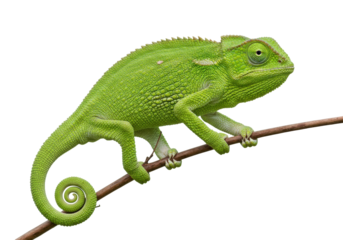 Green chameleon isolated on branch PNG, exotic pet reptile with curled tail on transparent background