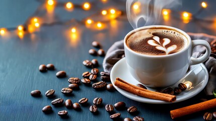 Hot spice coffee with cinnamon in white mug, steam rising. Coffee beans, cinnamon sticks, bokeh lights background