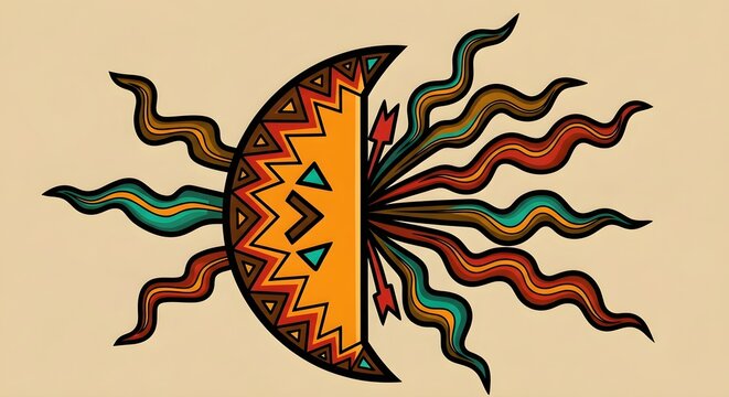 Vibrant tribal sun and moon illustration with zigzag patterns and colorful rays, symbolizing celestial harmony, indigenous spirituality, and the balance of night and day in native cultural art.

 - Powered by Adobe