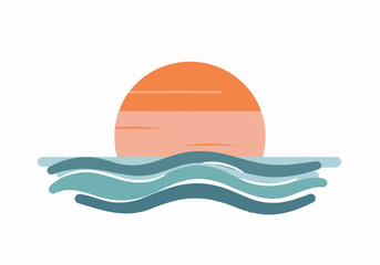 Stylized Sunset Over Wavy Ocean Orange and Blue Colors.