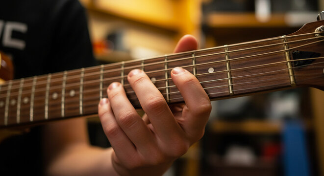 Teen playing guitar in garage, close-up of fingers pressing metal strings on fretboard for music education and hobby practice