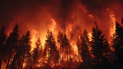 Fototapeta premium Wildfire forest fire burning trees disaster climate change danger destruction emergency red sky scene