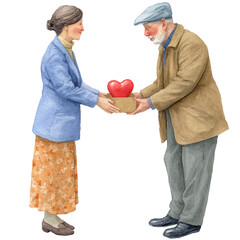 a woman gives an elderly man a heart-shaped red