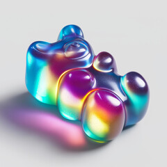 Fototapeta premium Farbenfrohes transparentes Gummibärchen in Regenbogenfarben mit metallischem Glanz vor grauem Hintergrund in kunstvoller Darstellung