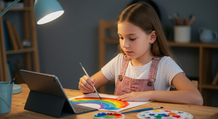 Girl painting rainbow on paper during online class, homeschooling kid engaged in creative learning with digital technology