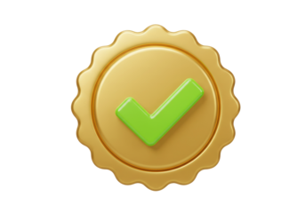 Golden badge with green check mark isolated PNG, quality guarantee seal for approval and verification on transparent background