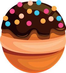 Round donut covered with chocolate icing and colorful candy sprinkles, creating a tempting sweet treat