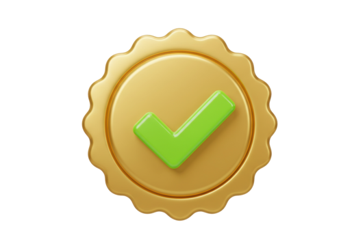 Golden badge with green check mark isolated PNG, quality guarantee seal for approval and verification on transparent background