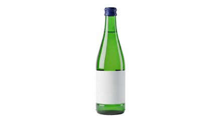 Isolated green glass bottle with blue cap stands vertically still with blank label space