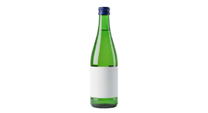 Isolated green glass bottle with blue cap stands vertically still with blank label space