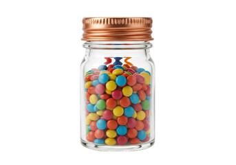 Colorful candy jar isolated on transparent background, assorted chocolate sweets in glass container with copper lid, confectionery treat