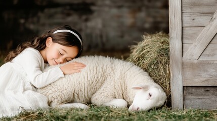 Child hugging sheep on farm, rural life, animal care, countryside.