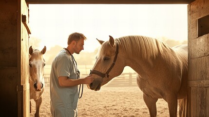 Veterinarian male doctor with stethoscope examining horse in stable, farm animal care, rural profession