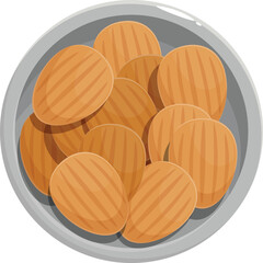 Freshly baked madeleine cookies arranged on a round plate, creating a tempting display