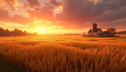 Fototapeta premium Golden Wheat Field At Sunset With Farmhouse And Silo image photo