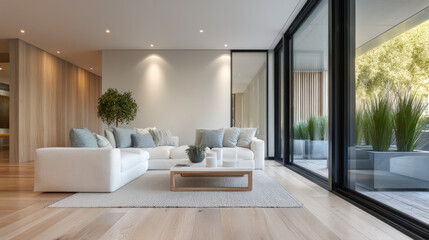 Fototapeta premium Modern lounge room with white sofa, large windows, indoor plant, wooden floor, and natural light creates calm, inviting atmosphere