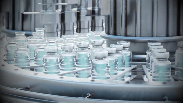 Factory for the production of medical drops or insulin or ampoules for injections. Line for packaging bottles with saline or vaccine. 3d render animation looped