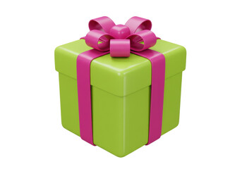 Green gift box with pink ribbon isolated PNG, present for birthday or Christmas celebration on transparent background