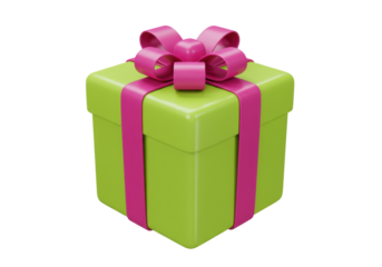 Green gift box with pink ribbon isolated PNG, present for birthday or Christmas celebration on transparent background