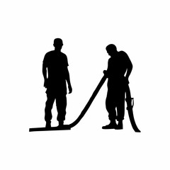 Silhouette of construction workers pouring concrete for bridge foundation isolated on white background