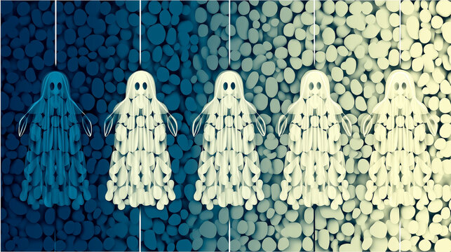 Cute White and Blue Cartoon Ghosts in a Row